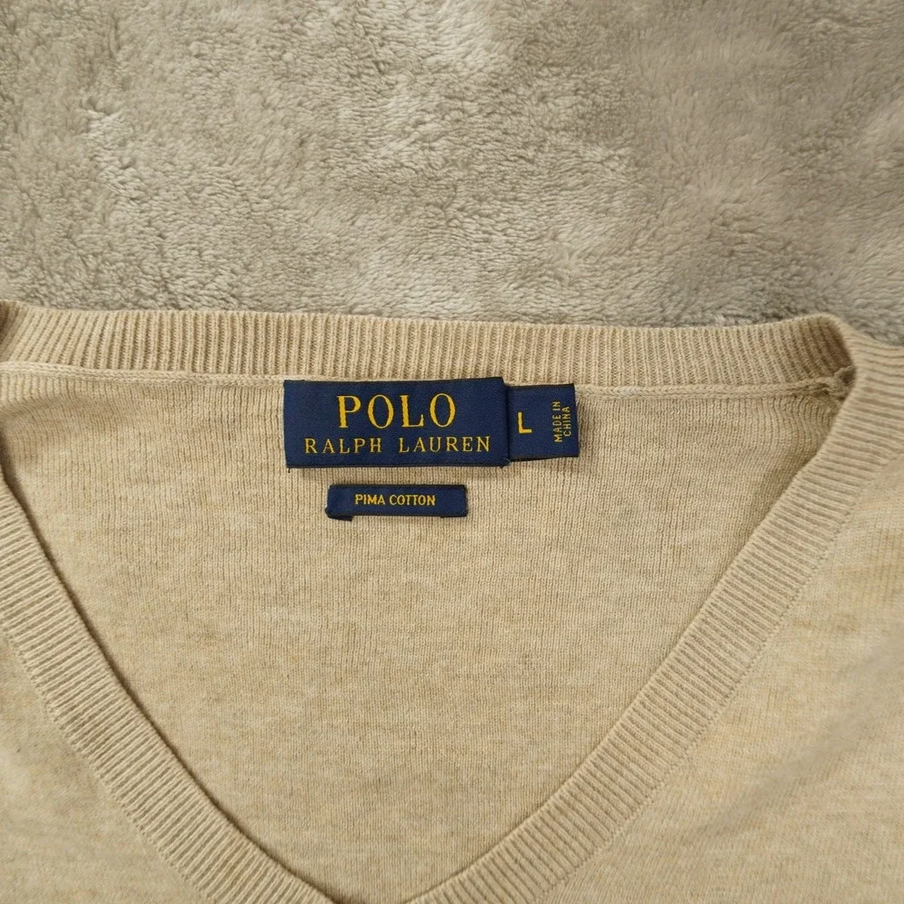 Polo Ralph Lauren Mens Large Beige Pima Cotton V Neck Sweater Pullover Logo